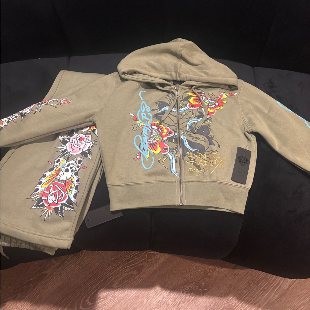 Ed Hardy Olive Green Embroidered Hoodie